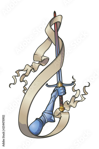 Hand holding a sword decorated with a banner isolated on white background. Vintage color palette. EPS10 vector illustration.