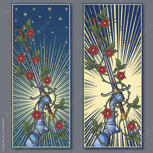 Hand holding a sword decorated with rose garland. Iconic scene from the Medieval European stories about King Arthur. Vintage color palette. Set of 2 vertical posters. EPS10 vector illustration