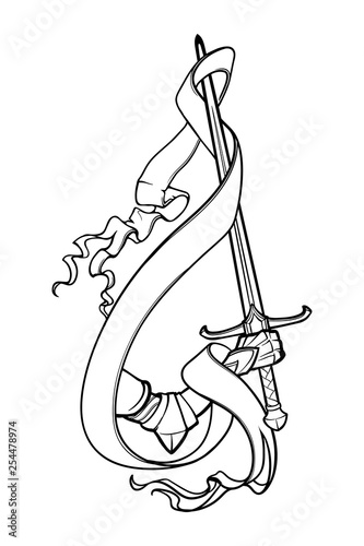 Hand holding a sword decorated with a banner. Black and white drawing isolated on white background. EPS10 vector illustration