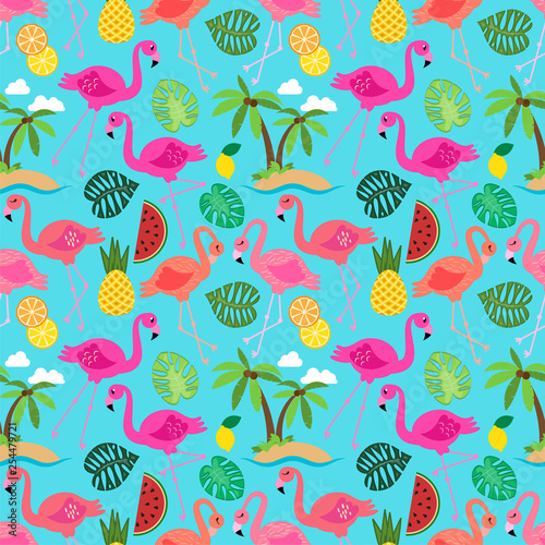 Seamless Vector Pattern with Flamingos and Other Summer Themed Elements