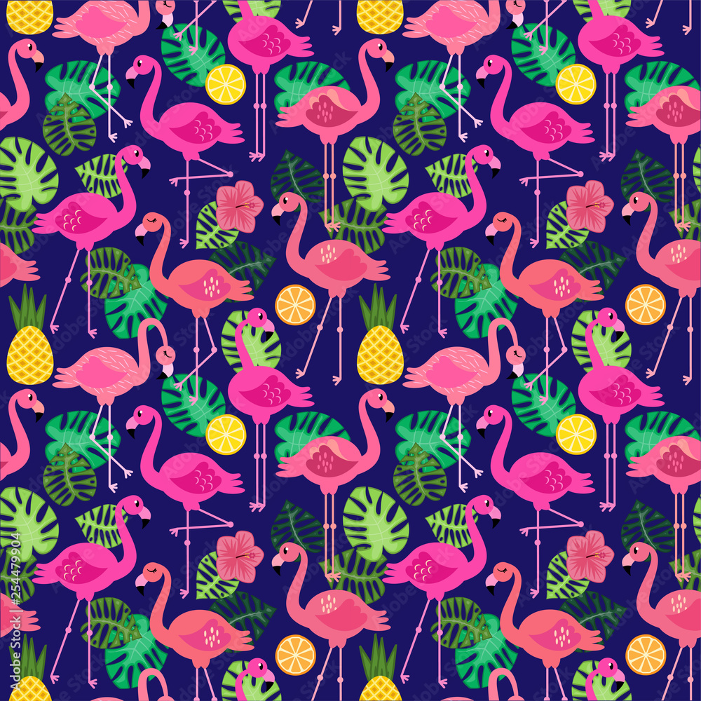 Seamless Vector Pattern with Flamingos and Other Summer Themed Elements Seamless Vector Pattern with Flamingos and Other Summer Themed Elements