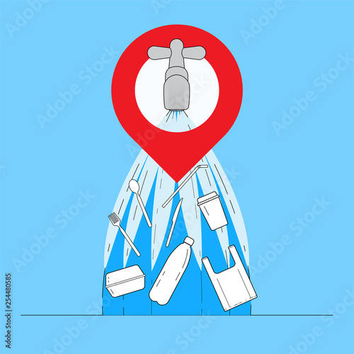 Plastic pollution concept. Water contamination metaphor. Microplastic found in tap water. Symbol of environmental awareness. Vector illustration flat design style. 