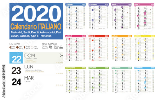 2020 italian calendar with italian holidays, zodiac , saints, moon phases, astronomical events, sunset and sunrise