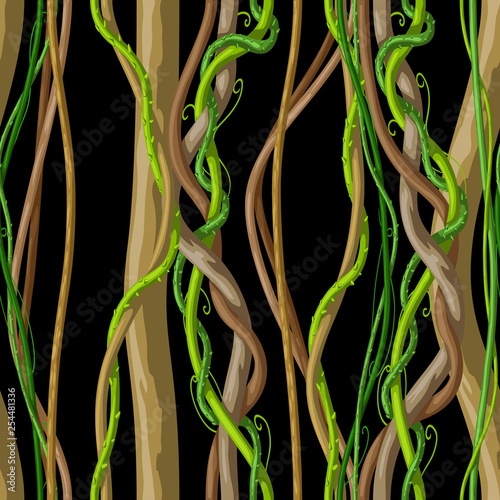 Twisted wild liana branch seamless pattern. Jungle vines plant.
