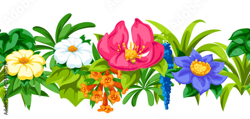 Seamless pattern with tropical flowers. Exotic tropical plants.