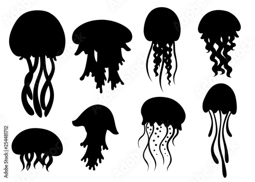 Black silhouette. Set of Sea jellyfish. Tropical underwater animal. Medusa aquatic organism, cartoon style design. Flat vector illustration isolated on white background