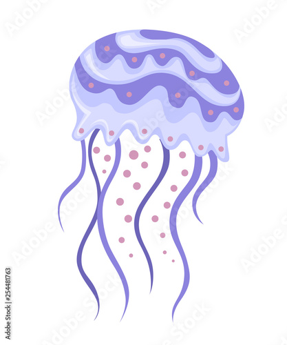 Sea pink and purple jellyfish. Tropical underwater animal. Medusa aquatic organism, cartoon style design. Flat vector illustration isolated on white background
