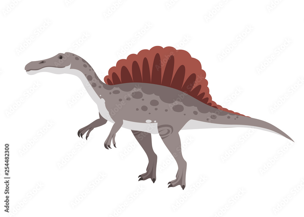 Gray Spinosaurus. Cute dinosaur, cartoon design. Flat vector illustration isolated on white background. Animal of jurassic world. Giant carnivore dinosaur