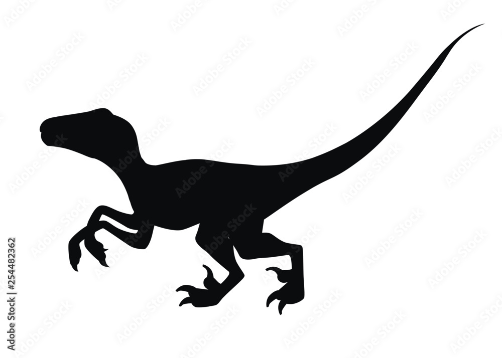 Naklejka premium Black silhouette. Brown raptor. Cute dinosaur, cartoon design. Flat vector illustration isolated on white background. Animal of jurassic world. Small carnivore dinosaur