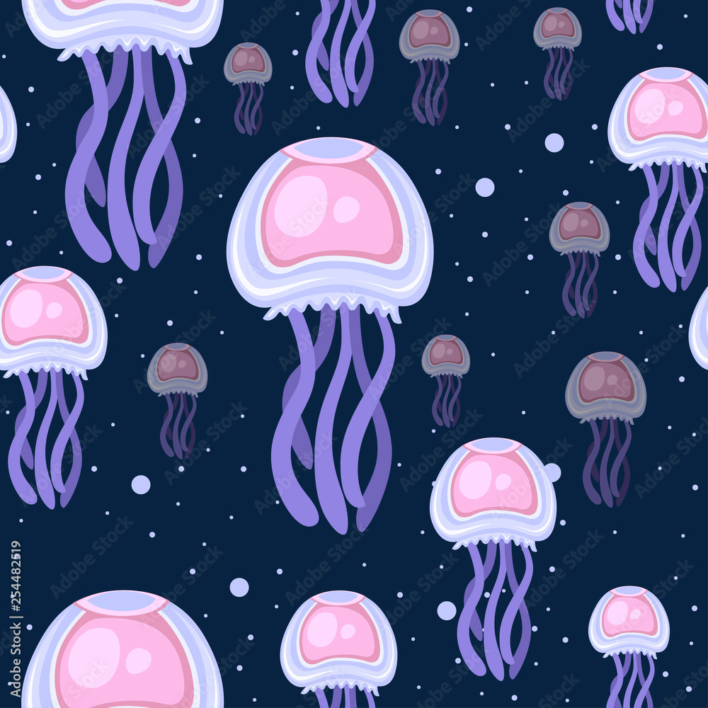Seamless pattern. Sea pink and purple jellyfish. Tropical underwater animal. Medusa aquatic organism, cartoon style design. Flat vector illustration on dark blue background Seamless pattern. Sea pink and purple jellyfish. Tropical underwater animal. Medusa aquatic organism, cartoon style design. Flat vector illustration on dark blue background