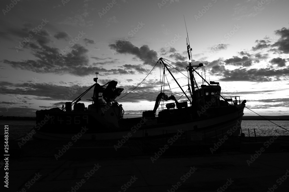 Black and White silhouette of fishing boat Stock Photo | Adobe Stock