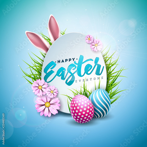 Vector Illustration of Happy Easter Holiday with Painted Egg, Rabbit Ears and Spring Flower on Shiny Blue Background. International Celebration Design with Typography for Greeting Card, Party