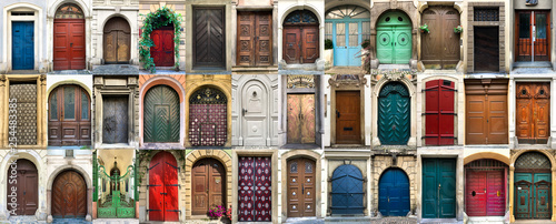 Collage of 36 colourful front doors photo