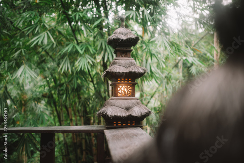 black asian street light at the wood veranda on tropical forest background in Bali