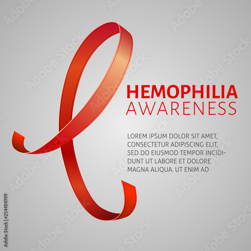 A square vector image with a red ribbon as a symbol of hemophilia awareness. A world hemophilia day. A template for a medicine flyer poster card design 