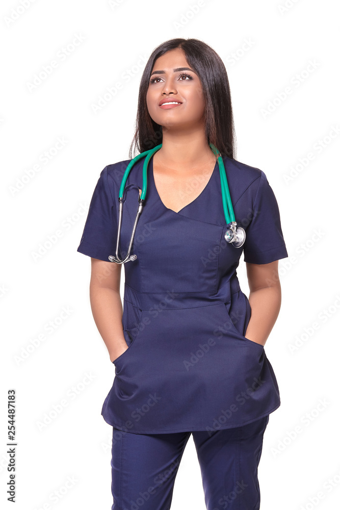 Portrait of young indian doctor woman with stethoscope around neck isolated on white background