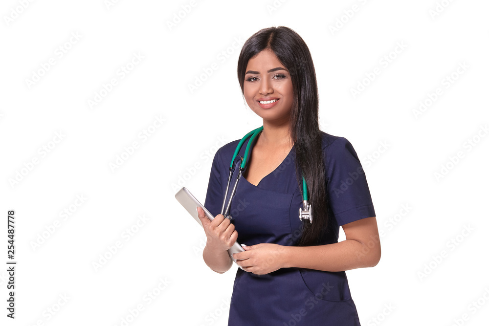 Portrait of young indian doctor woman with stethoscope around neck isolated on white background Portrait of young indian doctor woman with stethoscope around neck isolated on white background