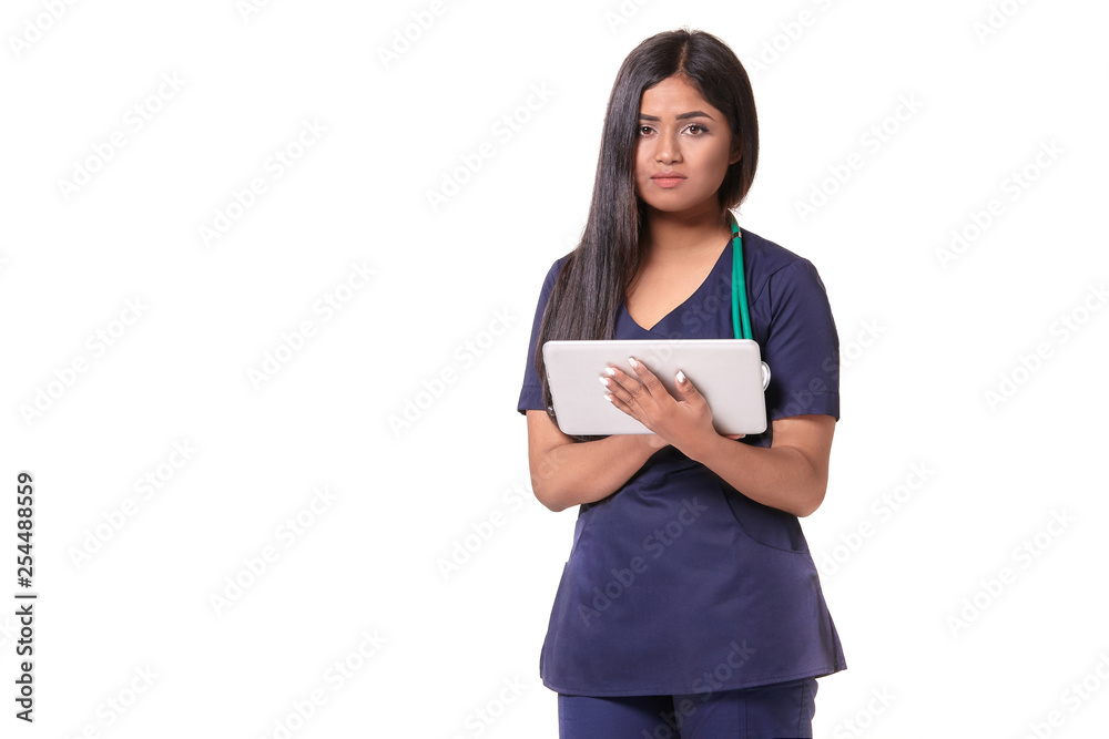 Young pretty doctor with a stethoscope and a medical history in her arms Young pretty doctor with a stethoscope and a medical history in her arms