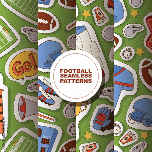 Soccer vector seamless pattern soccerball football pitch and sportswear of footballer or soccerplayer illustration backdrop set of footballing clothes trophy cup background