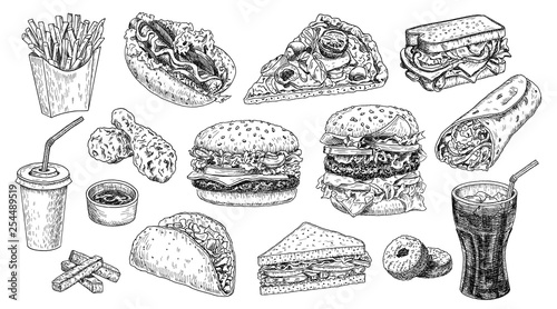 Fast food set hand drawn vector illustration. Hamburger, cheeseburger, sandwich, pizza, chicken, taco, french fries, hot dog, doughnuts, burrito and cola engraved style, sketch isolated on white.