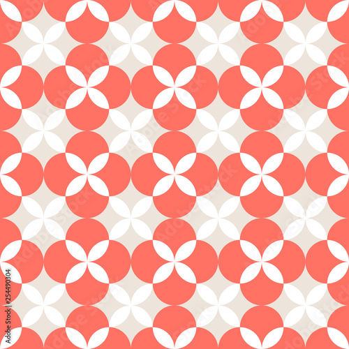 Seamless coral geometric pattern retro background. Simple geo texture. Clothing fabric print, wrap paper textile. Living coral. 2019 color
