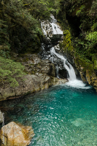 Waterfall and its turquoise water pool surrounded by green trees and rocks on the Milford Sounds area, New Zealand.