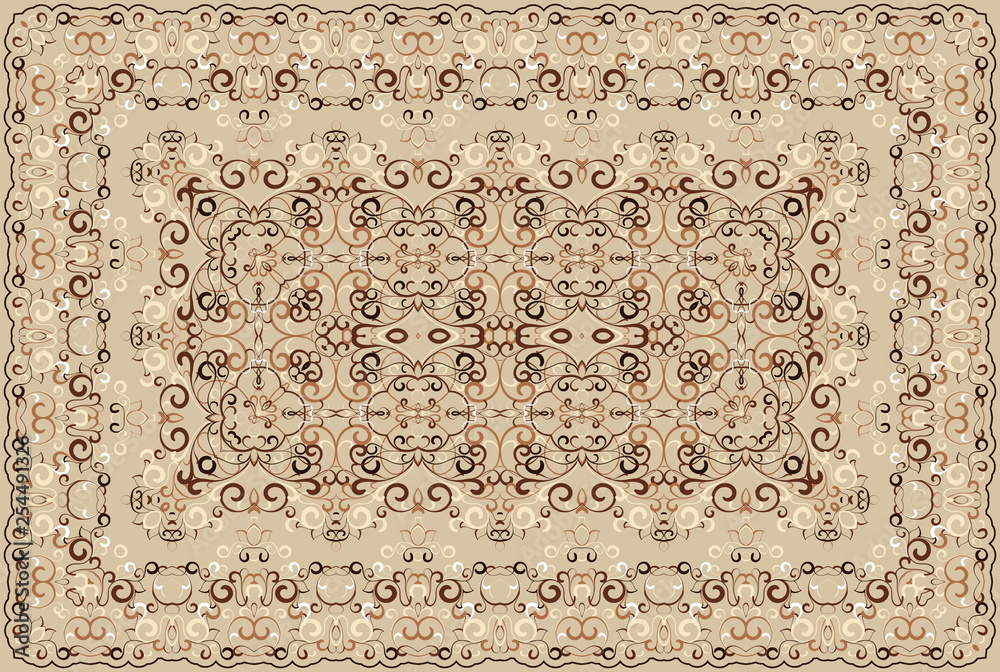 Vintage Arabic pattern. Persian colored carpet. Rich ornament for fabric design, handmade, interior decoration, textiles. Brown background.