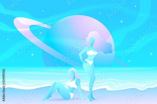 Two girls on cosmic beach