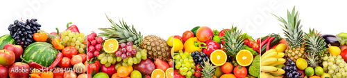 Panoramic skinali from bright fresh vegetables, fruits, berries isolated on white