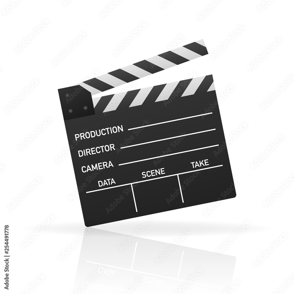 Black closed clapperboard. Black cinema slate board, device used in filmmaking and video production. Realistic illustration.