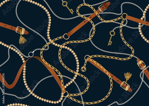 Seamless pattern with belts, chain, braid, Golden Key and pearls.  Baroque print with jewelry elements. Background for fabric design