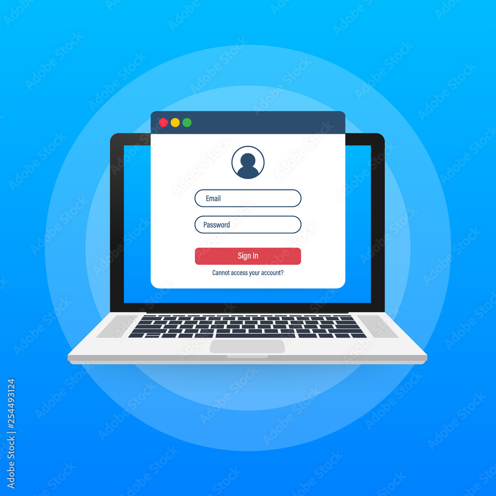 Login page on laptop screen. Notebook and online login form, sign in page. User profile, access to account concepts. Vector illustration.
