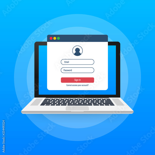 Login page on laptop screen. Notebook and online login form, sign in page. User profile, access to account concepts. Vector illustration.