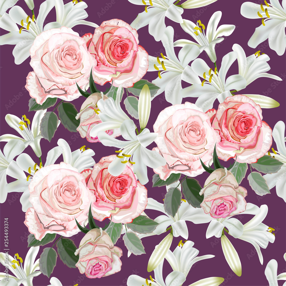 Flower seamless pattern with pink rose and agapanthus  vector illustration