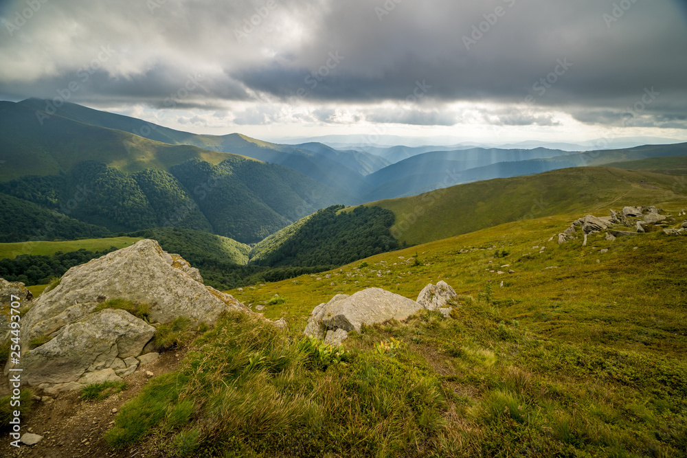 Rain clouds above Carpathians. Panorama of Borzhava ridge of the Ukrainian Carpathian Mountains