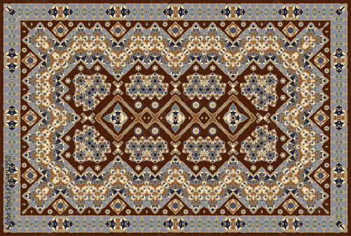 Vintage Arabic pattern. Persian colored carpet. Rich ornament for fabric design, handmade, interior decoration, textiles. Brown background.