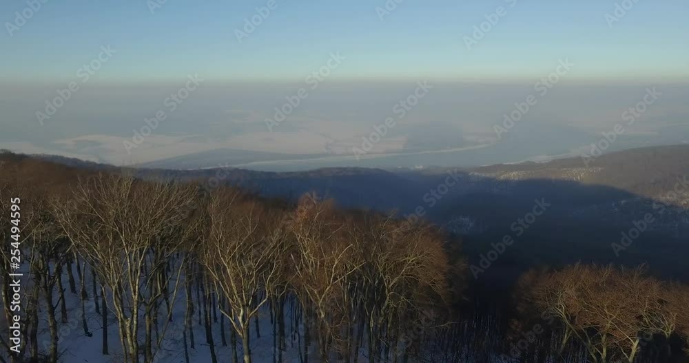 Early morning, aerial shot, winter forest and sunrise Early morning, aerial shot, winter forest and sunrise