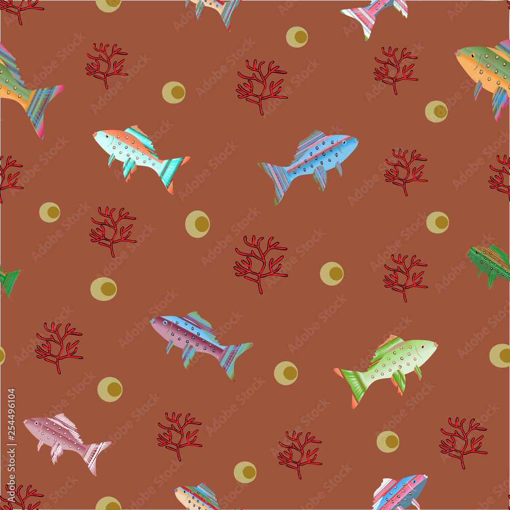 Vector seamless pattern with fairy fishes and corals. Vector seamless pattern with fairy fishes and corals.