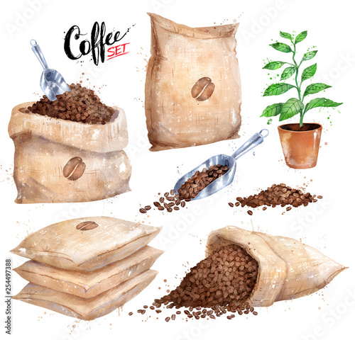 Watercolor illustration of coffee sacks and beans