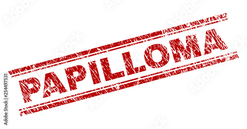 PAPILLOMA seal watermark with distress texture. Red vector rubber print of PAPILLOMA title with unclean texture. Text title is placed between double parallel lines.