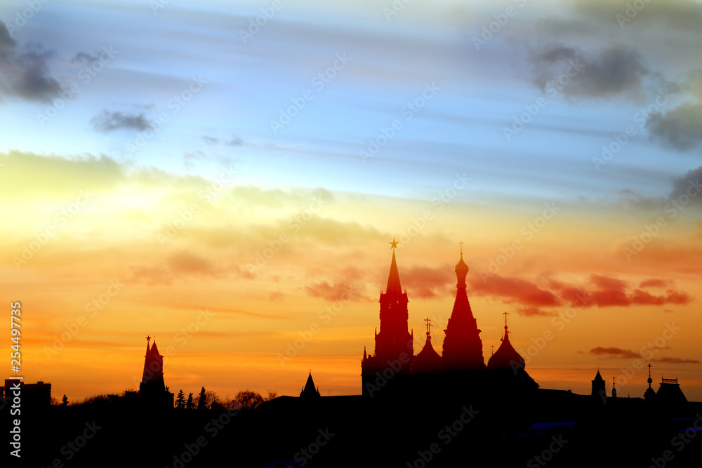 Beautiful bright photo of sunset with silhouettes of the Moscow Kremlin