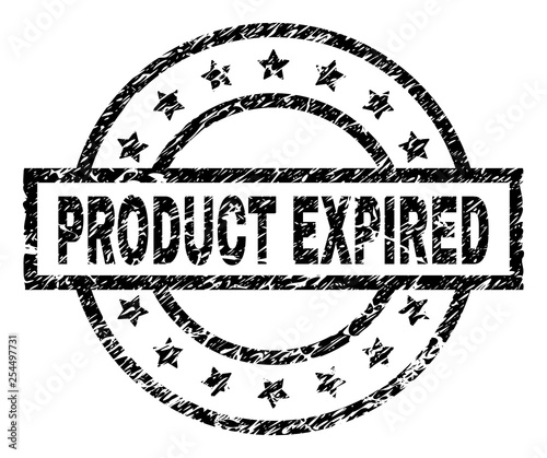 PRODUCT EXPIRED stamp seal watermark with distress style. Designed with rectangle, circles and stars. Black vector rubber print of PRODUCT EXPIRED label with scratched texture.