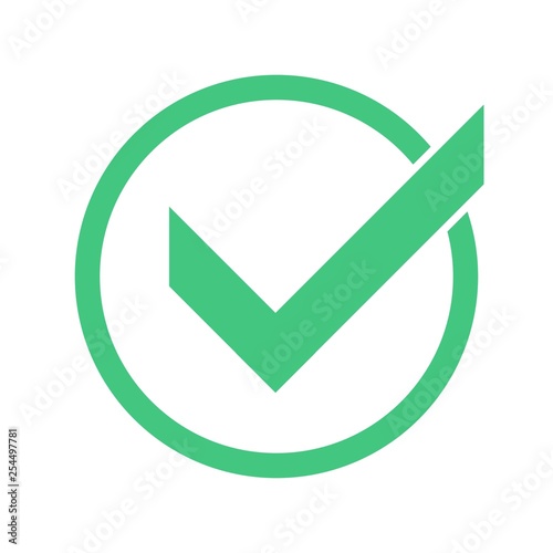 Green circle check mark. Confirmation tick okey marks, accepted marked agree pictogram success sign and positive checked confirm marking checks box for accepted checklist flat icon
