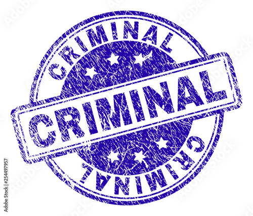 CRIMINAL stamp seal imprint with grunge texture. Designed with rounded rectangles and circles. Blue vector rubber print of CRIMINAL tag with grunge texture.