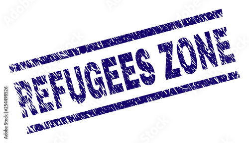 REFUGEES ZONE seal print with grunge style. Blue vector rubber print of REFUGEES ZONE label with scratched texture. Text label is placed between parallel lines.