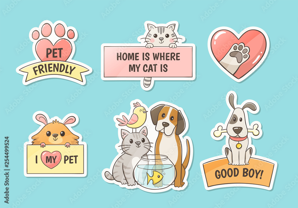 Cute pet stickers with quotes. Pet lovers concept. Hand drawn illustration.  Perfect for T-shirt prints, pet shop logos and design products for pets.  Stock Vector | Adobe Stock