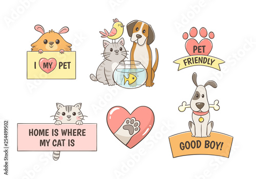 Cute pet labels with quotes isolated on white background. Pet lovers concept. Perfect for T-shirt prints, pet shops and design products for pets. Hand drawn illustration.