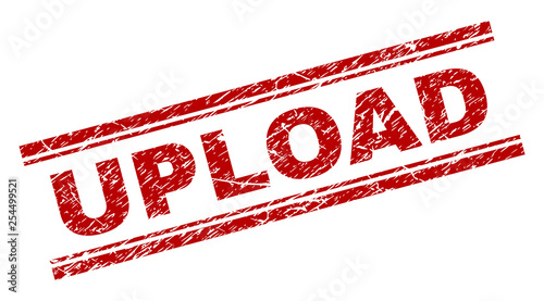 UPLOAD seal print with distress texture. Red vector rubber print of UPLOAD caption with unclean texture. Text caption is placed between double parallel lines.