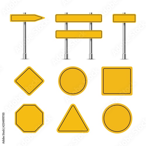 Yellow traffic signs, on racks and without a riser on a white background