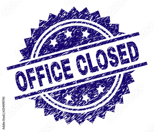 OFFICE CLOSED stamp seal watermark with distress style. Blue vector rubber print of OFFICE CLOSED label with unclean texture.